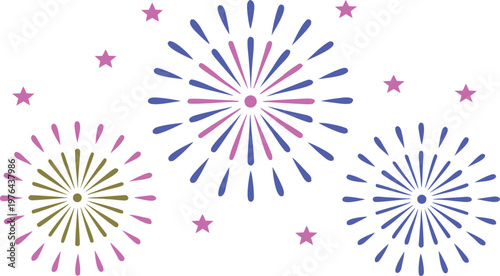 Minimal colorful fireworks burst on white background with stars explosion