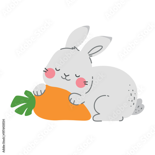 Cute sleeping bunny with a giant carrot. Kawaii rabbit character isolated on white background