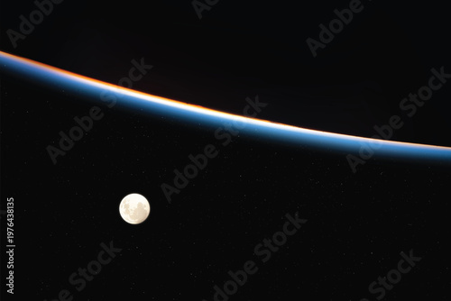Earth horizon and Moon. Bright blue atmosphere of dark planet in space