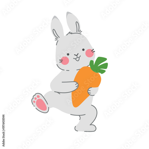 Cute bunny holding a big carrot. Kawaii rabbit character isolated on white background
