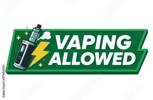Green rectangular sign with white text and symbol indicating vaping is allowed isolated on transparent background
