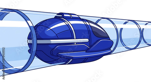 A futuristic blue transportation pod traveling through a transparent tube