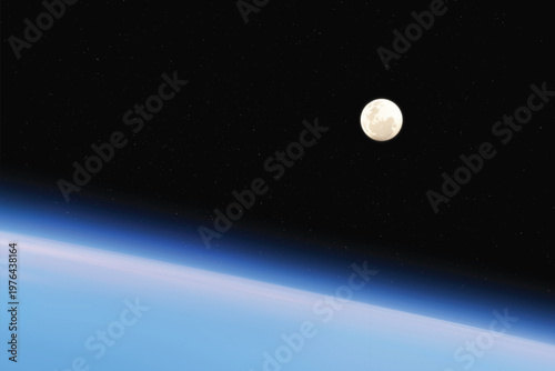 Earth horizon and Moon. Pastel blue atmosphere of planet in space