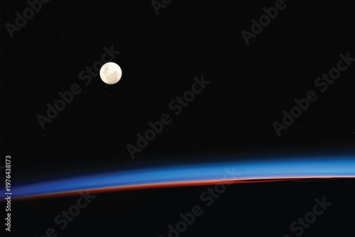 Earth horizon and Moon. Planet outline with blue atmosphere in space