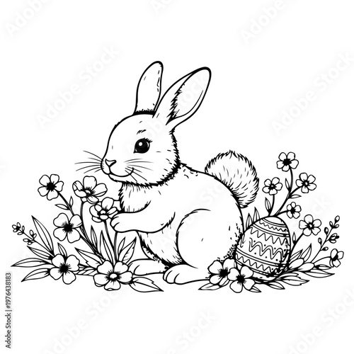Easter Bunny with Floral Surroundings: An adorable Easter bunny sits amid a bed of delicate flowers, complemented by an ornate egg, capturing the spirit of spring and celebration.
