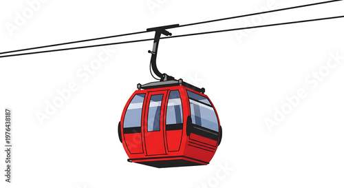 A red cable car suspended from cables on a white background