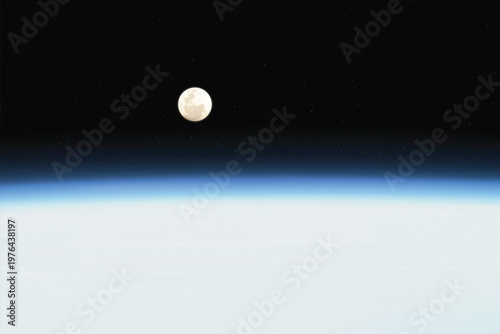Earth horizon and Moon. Bright white planet with soft blue glow. Space