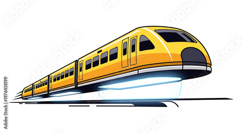 A yellow bullet train speeding along a track with a white background