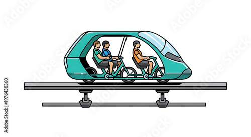 A futuristic teal transportation pod with three people riding bicycles inside on a track