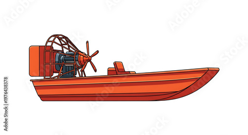 A vibrant orange airboat with a large fan and propeller on a white background