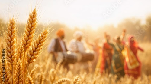 Cinematic footage for Baisakhi celebration. Close-up of golden wheat ears with blurred background of people dancing and playing dhol drums in a sunlit field. Warm, festive, and joyful atmosphere.