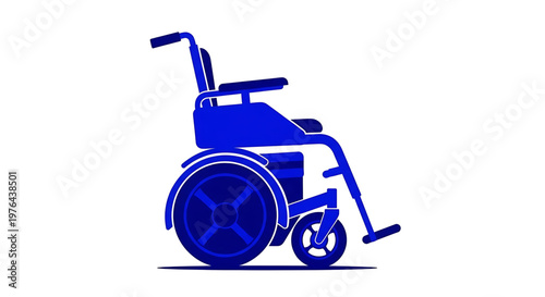 A blue vector graphic illustration of a wheelchair on a white background
