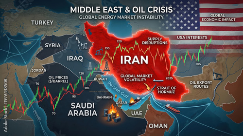 Geopolitical map of the Middle East illustrating an oil crisis and energy market instability. Infographic showing Iran with stock charts and burning oil barrels