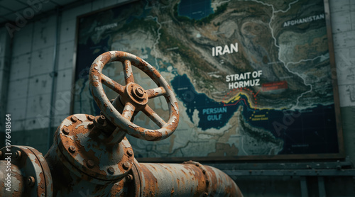 Rusty industrial oil pipe and valve with a map of Iran and the Strait of Hormuz in the background. Geopolitical concept of energy security and oil trade in the Persian Gulf