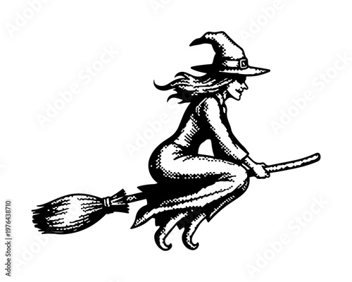 Spirited Flight: A witch soars through the night sky, mounted on her trusty broom, her silhouette set against the celestial backdrop. A classic image of Halloween.
