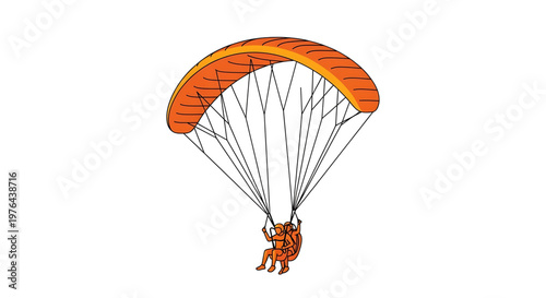 A vibrant orange paraglider soaring through the air with a single person attached