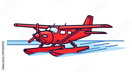 A cartoon illustration of a red seaplane flying over water with a propeller and pontoons