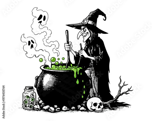 Mystic Brewing: A bewitching witch stirs a bubbling cauldron filled with an ominous green concoction, while spectral phantoms and eerie skulls watch nearby, the image evokes Halloween celebration.