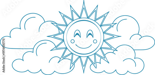 Smiling sun with clouds in blue line blue line doodle weather