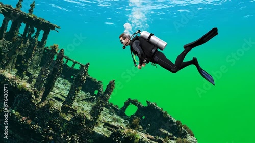 Scuba diver explores ancient shipwreck and coral reef in deep blue ocean water