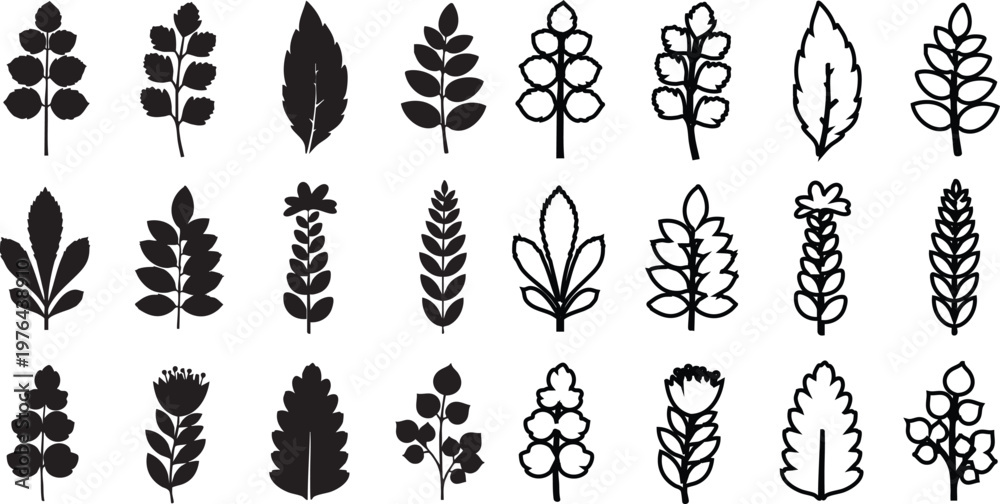 Naklejka premium Black and white silhouettes of various leaves and floral black silhouettes white background