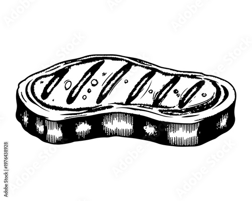 Grilled Steak Illustration: A monochrome illustration of a perfectly grilled steak, showcasing the art of culinary expertise.
