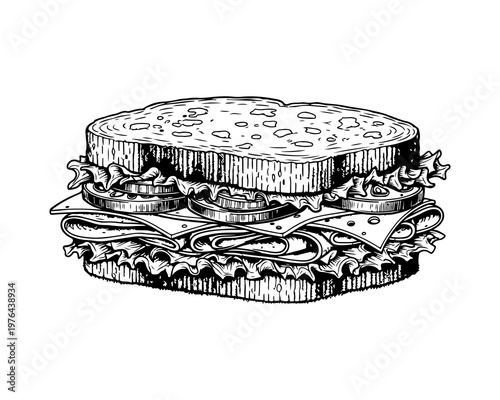 Delectable Sandwich: A meticulously detailed illustration of a classic sandwich, capturing the delightful layers of bread, fresh lettuce, juicy tomato slices, cheese, and deli meat.