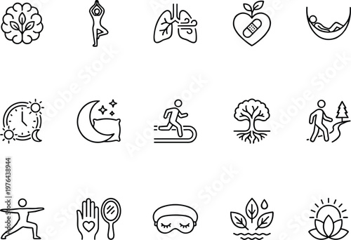 A collection of simple line icons representing various aspects of health and wellness