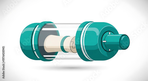 A teal-colored vector graphic illustration of a mechanical device with a cylindrical shape and a protruding knob