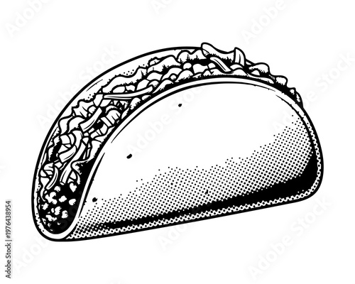 Delicious Taco: A mouthwatering black-and-white illustration of a single, appetizing taco, perfect for culinary and food-related projects.