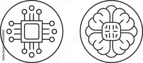 Thin line ai with futuristic tech symbols artificial intelligence brain microchip