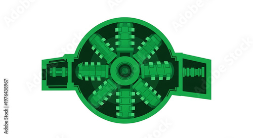 A green mechanical gear icon with a circular center and rectangular extensions on a white background