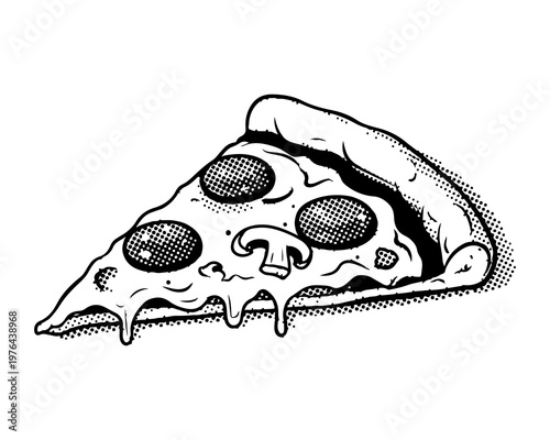 Slice of Pizza: An inviting slice of pizza, a symphony of flavors and textures, featuring melted cheese, pepperoni, and a juicy mushroom, it is a culinary masterpiece.