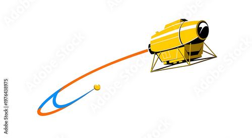 A vibrant yellow satellite launching a small orange and blue spacecraft into orbit around a tiny yellow planet.
