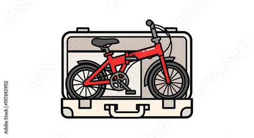 A red bicycle packed inside a beige suitcase with a black outline, depicted in a flat vector illustration style.
