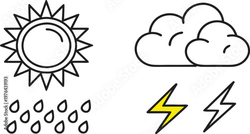 Minimal doodle weather with sun cloud raindrops and lightning weather doodle style