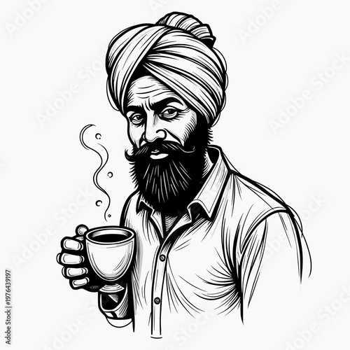A detailed monochrome illustration depicts a bearded man in a traditional turban holding a steaming cup of coffee. This graphic portrait evokes a sense of cultural heritage and morning routine.