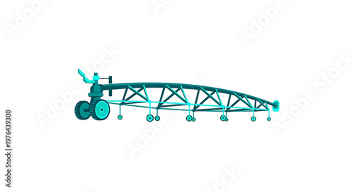 A vector graphic illustration of a green irrigation system with a tractor and wheels on a white background