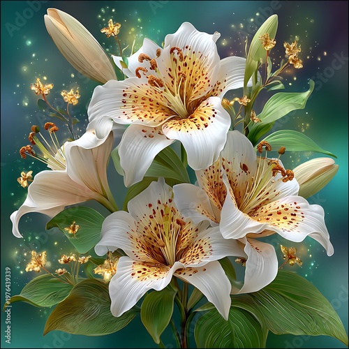 Luxury botanical illustration white lilies with glowing accents high resolution picture