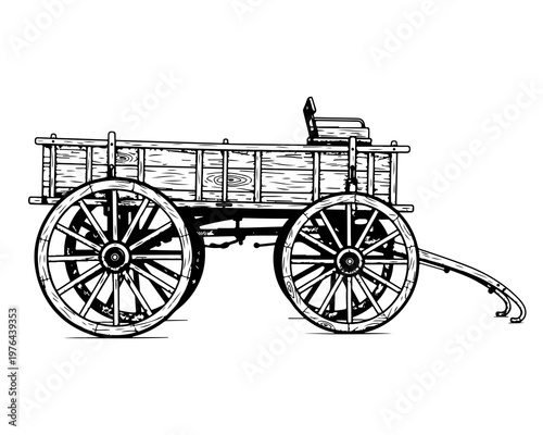 Vintage Wooden Wagon: A detailed monochrome illustration of a classic wooden wagon, evocative of the bygone era.