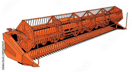 A vibrant orange combine harvester header on a white background