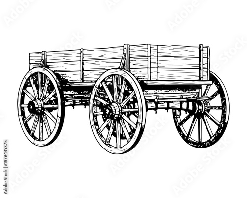 Vintage Farm Cart: A detailed illustration of a weathered, vintage farm cart stands in stark monochrome, its wooden structure and spoked wheels evoking a sense of history and rural heritage.