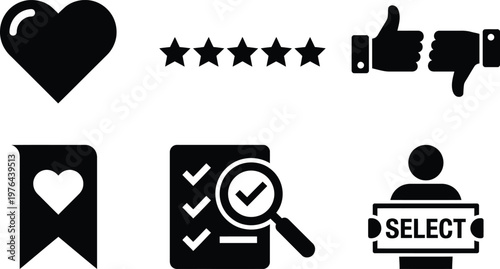 Vector silhouette set of intent based selection icons featuring heart icon, star rating, favorite ribbon and person with select box