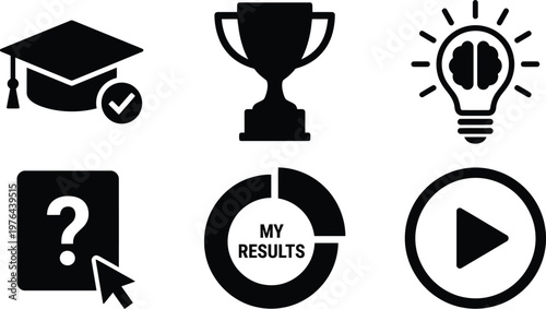 Vector silhouette set of interactive quiz icons featuring graduation cap trophy lightbulb question card results chart and play button