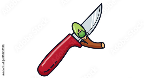 A cartoon illustration of a knife cutting through a green vegetable with a red handle on a white background