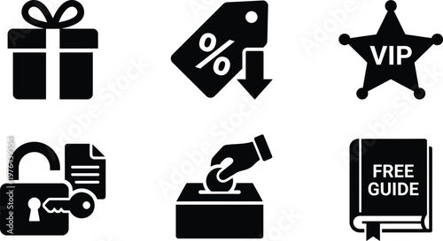 Vector silhouette set of incentive icons for data sharing featuring gift box, discount tag, vip badge and unlocked content