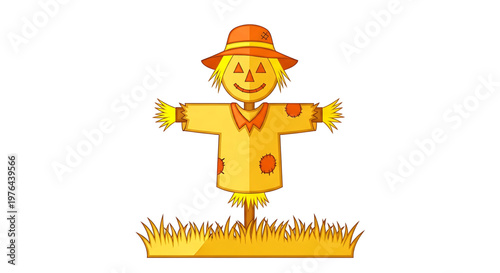 A colorful cartoon scarecrow illustration with a pumpkin head and straw hat standing in a field of grass
