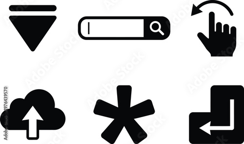 Vector silhouette set of form field icons featuring dropdown arrow, search bar with cursor, drag and drop hand and required field asterisk