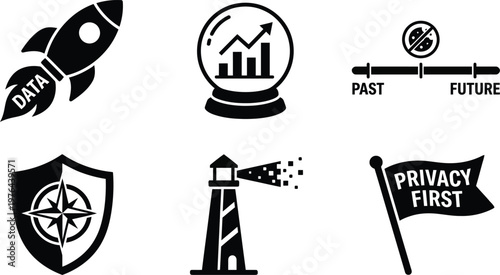 Vector silhouette set of future proof marketing icons featuring rocket with data flame, crystal ball chart, post cookie timeline and privacy first flag