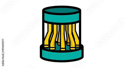 A vector graphic illustration of a cylindrical object with yellow tubes inside a teal and black cage